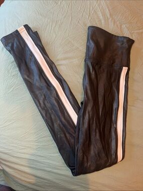 SPANX Black Faux Leather Leggings with Blush Side Stripe